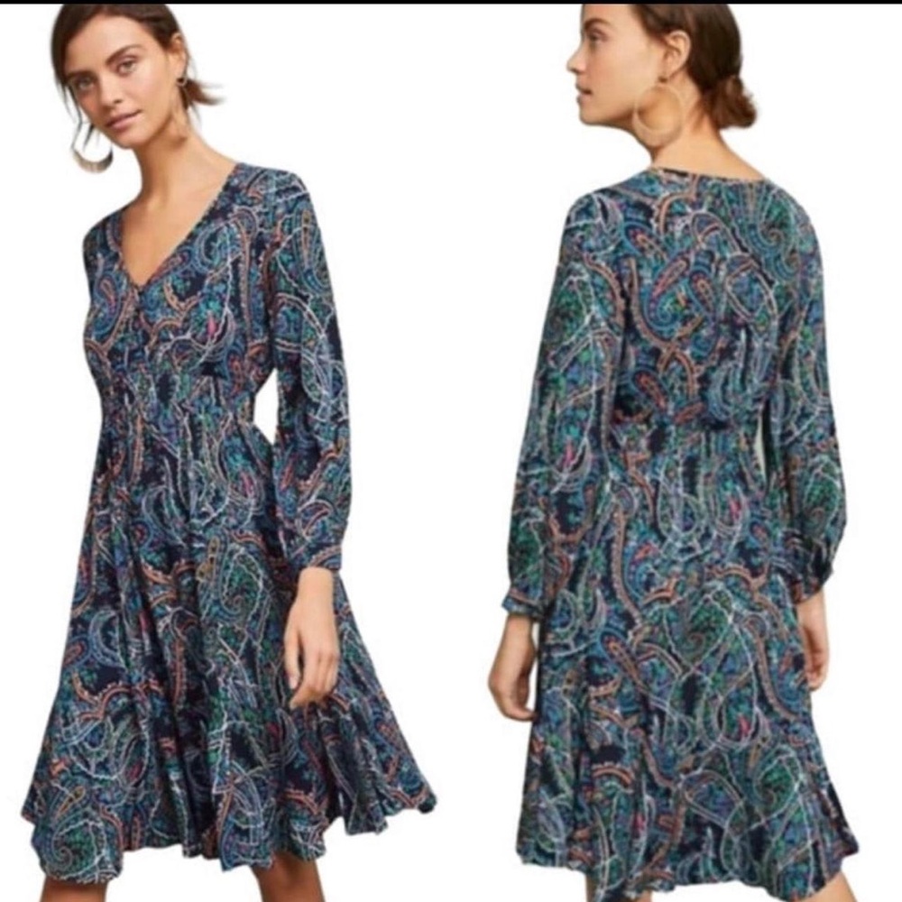Maeve Anthropologie Vintage Maplewood Neon Paisley LS Swing Dress, EC, Size XS